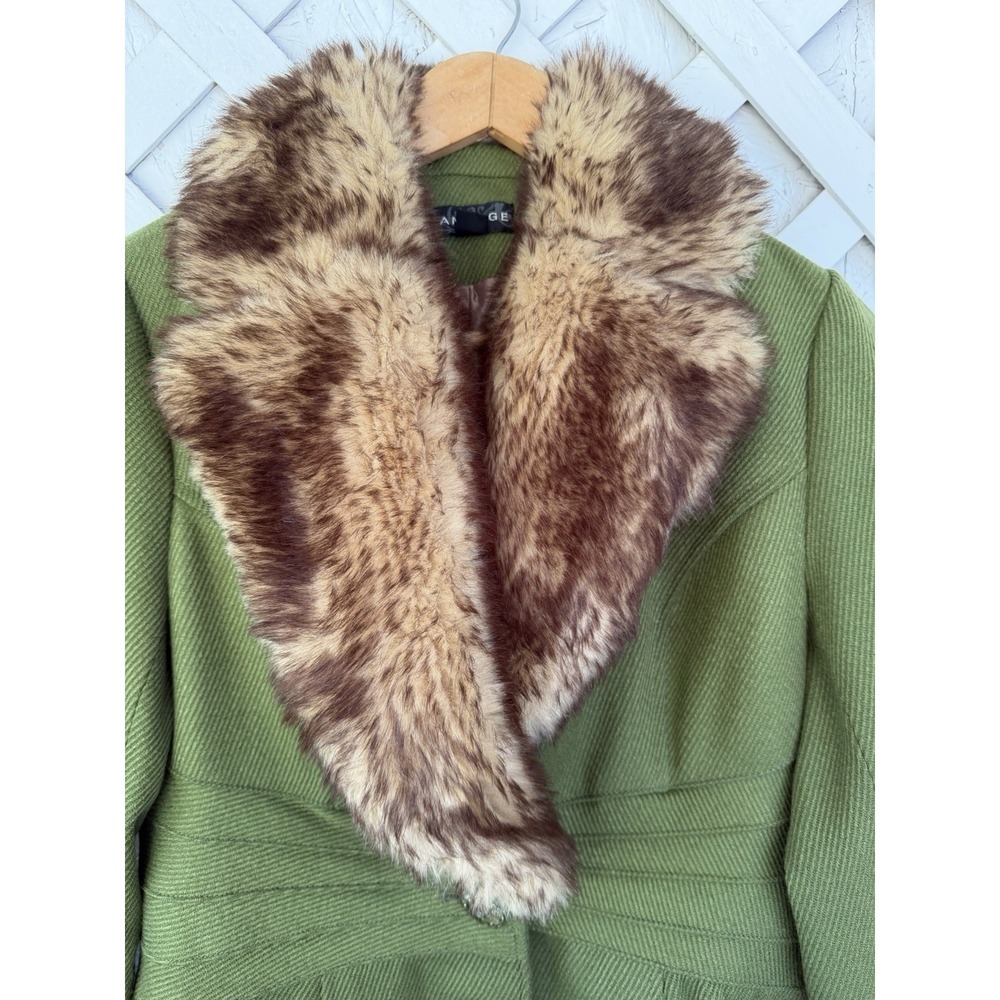 Rampa Olive Green Faux Fur Collar Fit & Flare Coat Vintage Y2K Fall Large - Picture 2 of 14